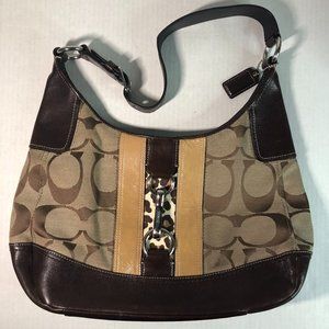 Coach Handbag Purse Hampton F13071 Hobo Signature Khaki Brown Leather Bag Tote